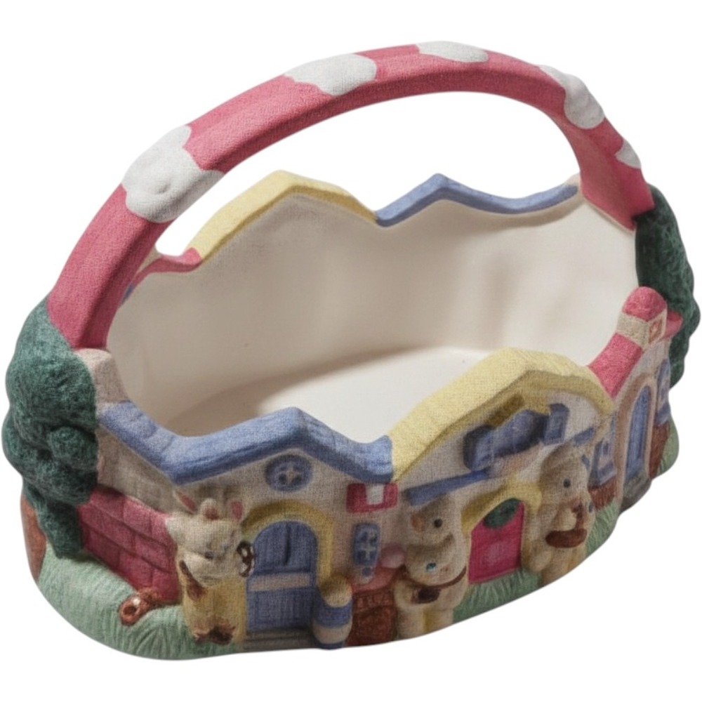 Vintage 1995 Bunny Village Ceramic Easter Basket Rainbow Handle Cottagecore